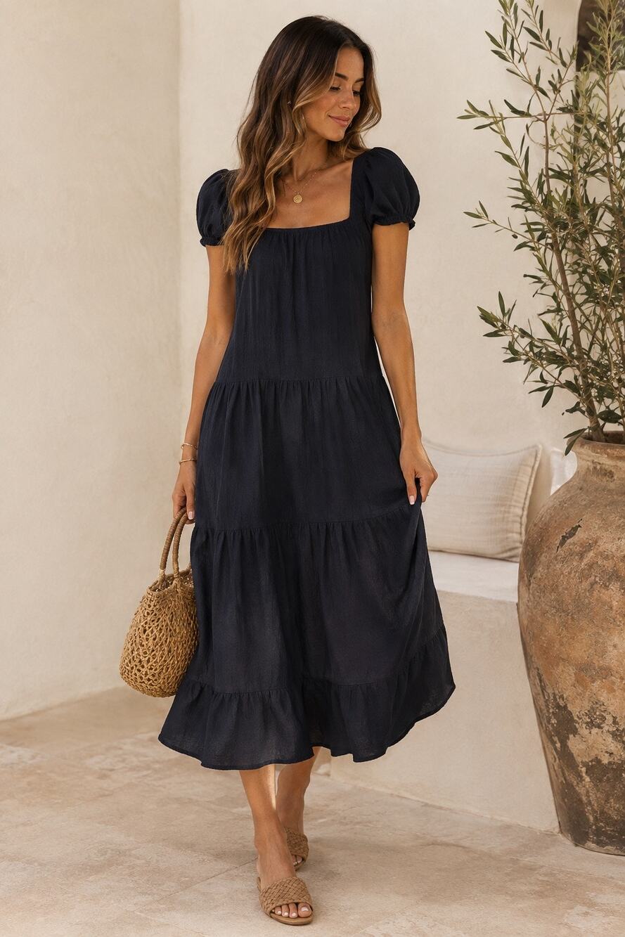 Honorine 100% Cotton Black Tiered Elodie Midi Maxi Dress Size XS